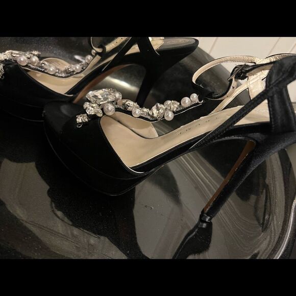 Ivanka Trump Black Alluvia Satin Jeweled Evening Sandals Sz 8 - Picture 6 of 14